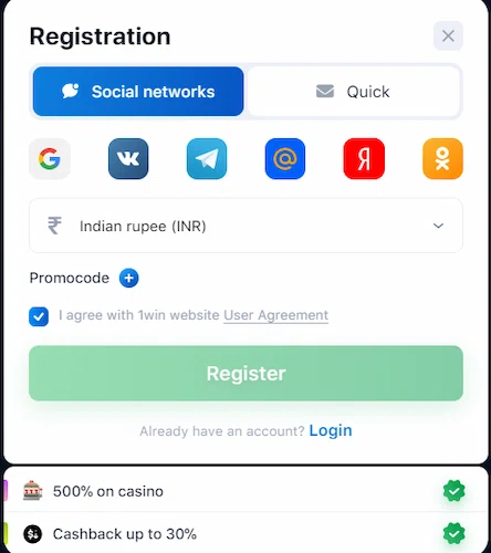 1win Register via social network