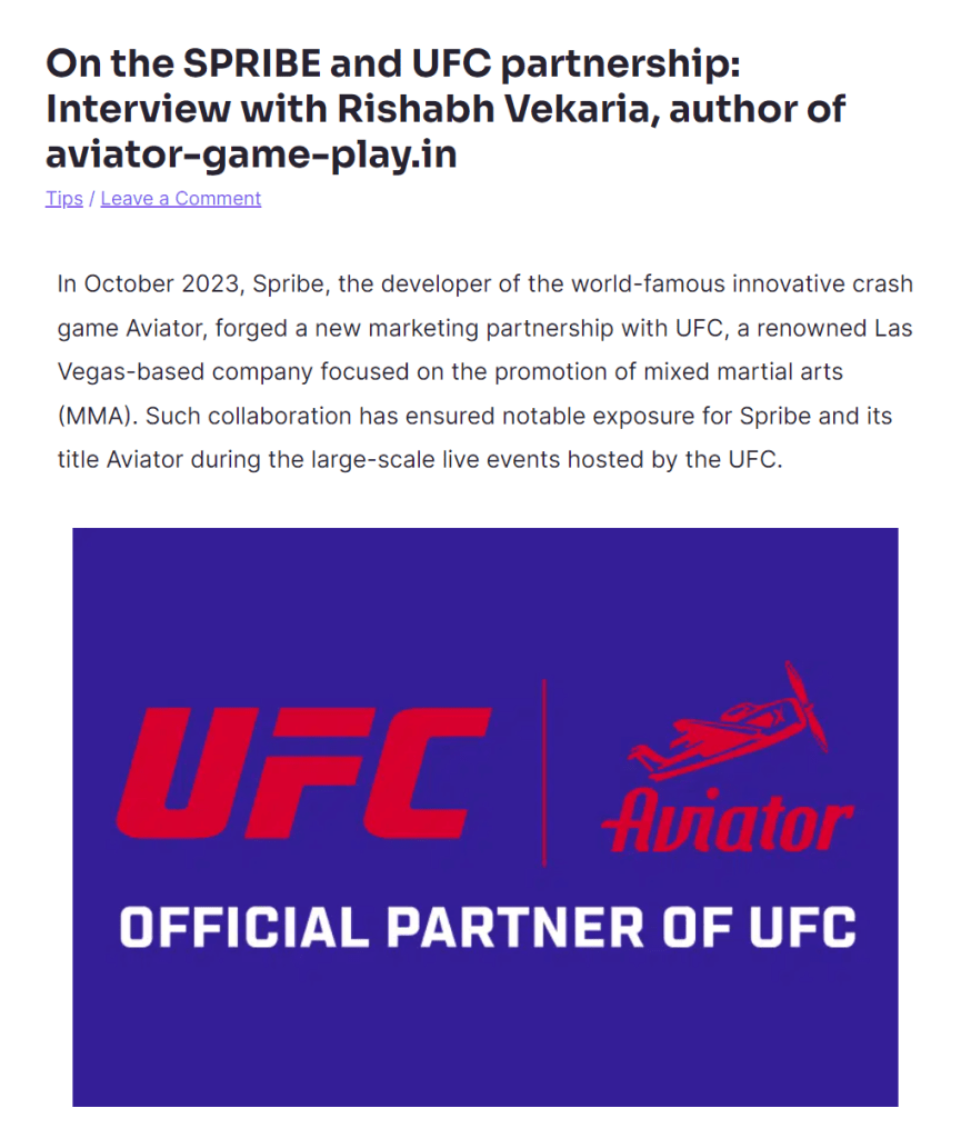 On the SPRIBE and UFC partnership: Interview with Rishabh Vekaria, author of aviator-game-play.in