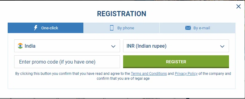 1xBet Registration methods