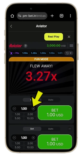 Aviator Increase bet button