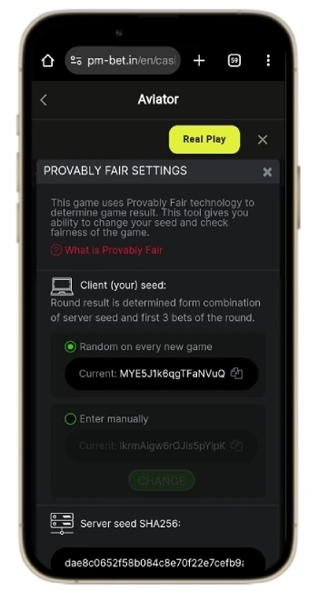 Aviator Provably fair settings